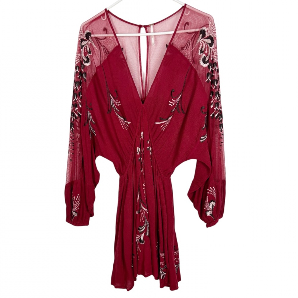 Free People Bonjour Floral Embroidered Long Sleeve Mini Dress Size Small Red - Picture 6 of 13